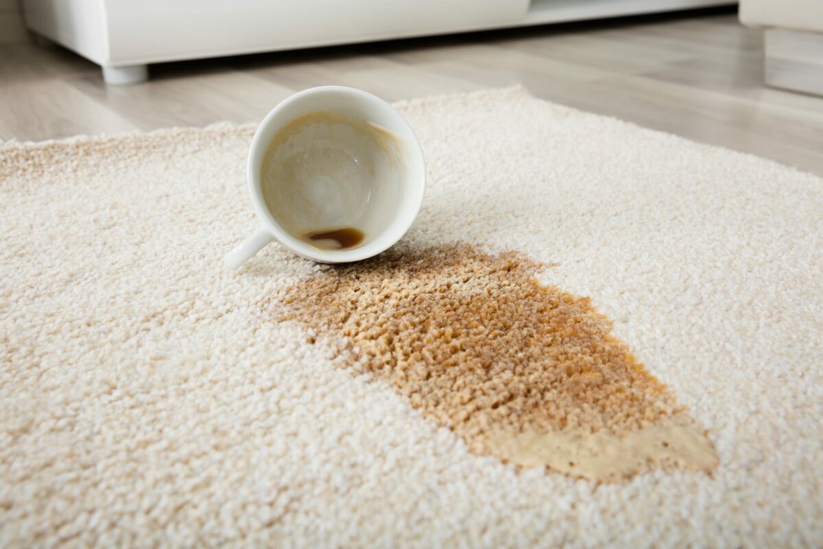 Close-up Of Coffee Spilling From Cup On Carpet and needs cleaning