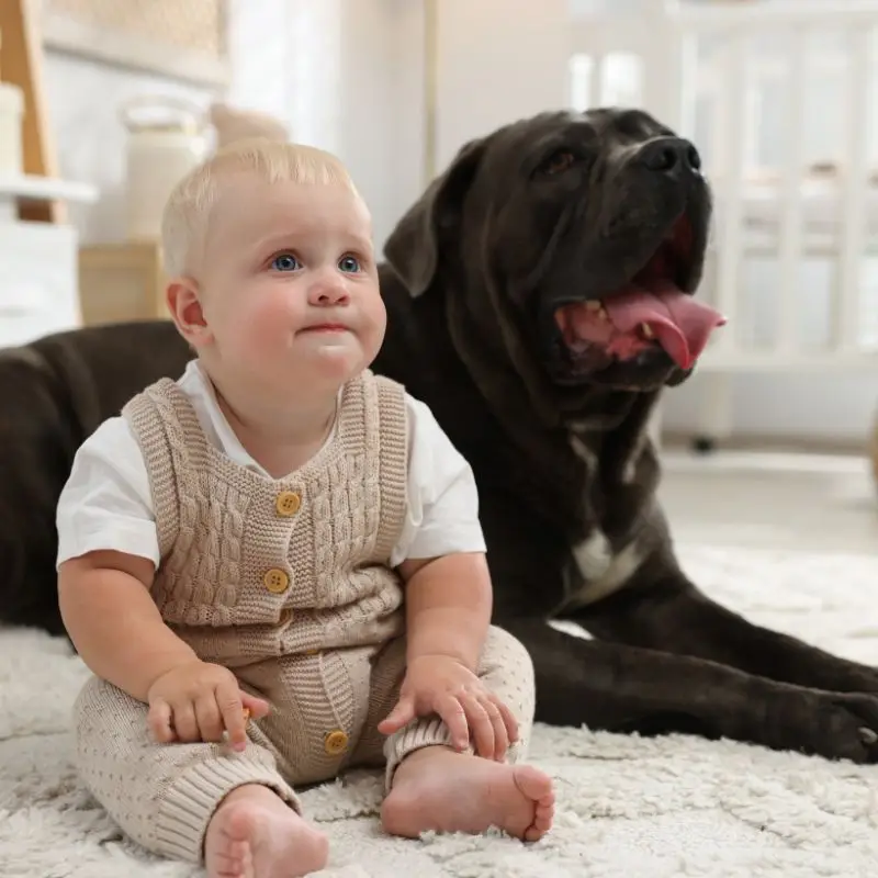 baby and dog sitting on a carpet